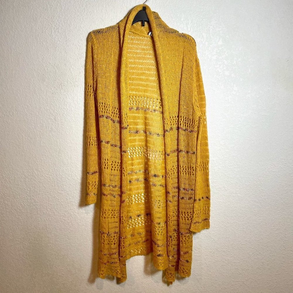 Soft Surroundings Longline Cardigan Sweater Womens M Yellow Open Knit Wool Blend